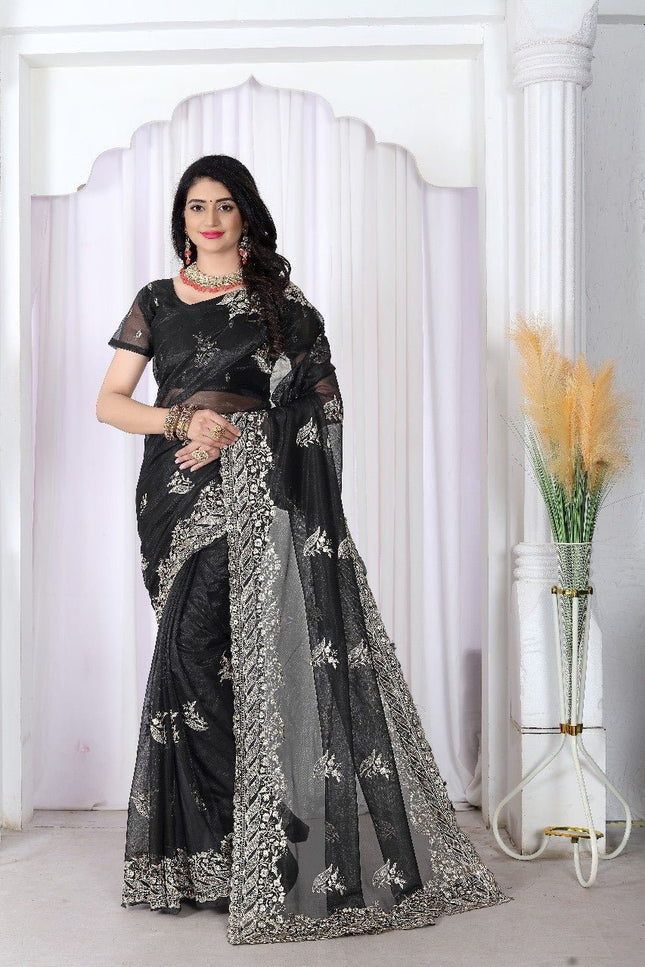 Black Net Saree | Heavy Multi Embroidery & Hotfix Diamond Work | Cut Work Border | Wedding & Party Wear - Rosepetals Luxe