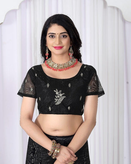 Black Net Saree | Heavy Multi Embroidery & Hotfix Diamond Work | Cut Work Border | Wedding & Party Wear - Rosepetals Luxe