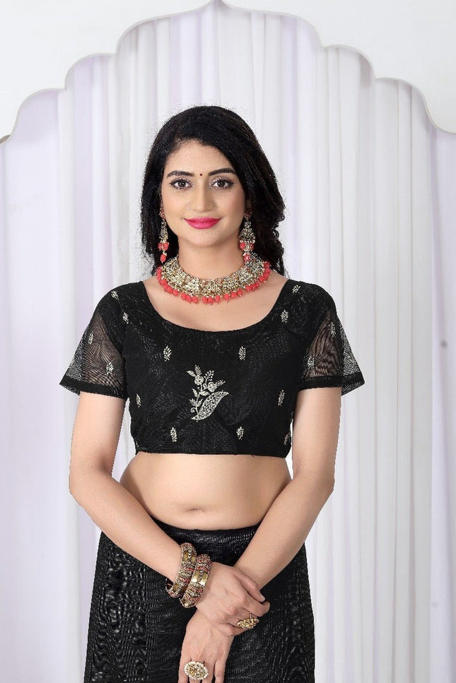 Black Net Saree | Heavy Multi Embroidery & Hotfix Diamond Work | Cut Work Border | Wedding & Party Wear - Rosepetals Luxe