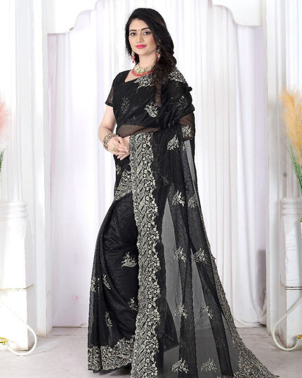 Black Net Saree | Heavy Multi Embroidery & Hotfix Diamond Work | Cut Work Border | Wedding & Party Wear - Rosepetals Luxe