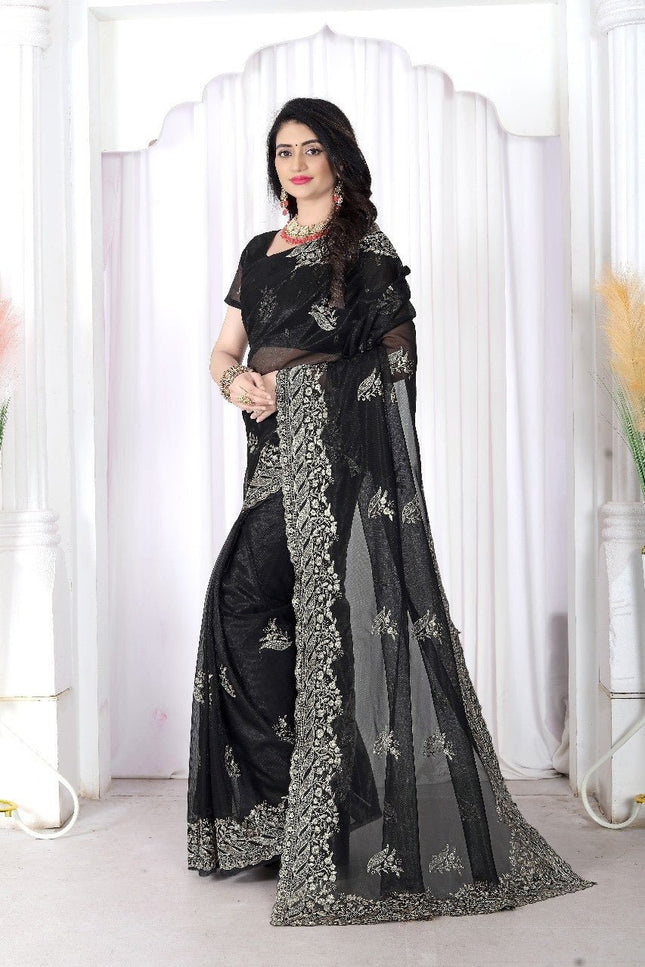 Black Net Saree | Heavy Multi Embroidery & Hotfix Diamond Work | Cut Work Border | Wedding & Party Wear - Rosepetals Luxe