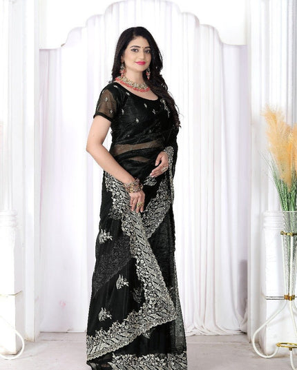 Black Net Saree | Heavy Multi Embroidery & Hotfix Diamond Work | Cut Work Border | Wedding & Party Wear - Rosepetals Luxe