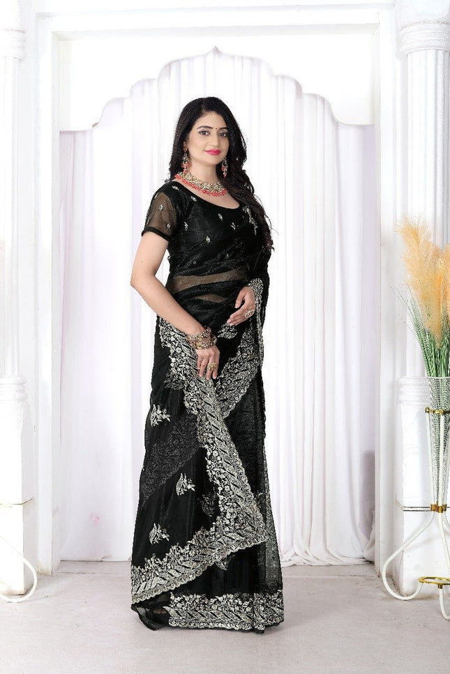 Black Net Saree | Heavy Multi Embroidery & Hotfix Diamond Work | Cut Work Border | Wedding & Party Wear - Rosepetals Luxe