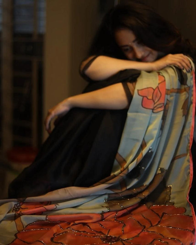 Black Rangoli Silk Saree with Kalamkari Printed With Running Black Blouse| Elegant Party Wear Saree - Rosepetals Luxe