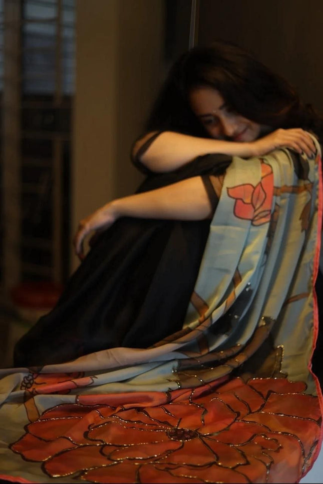 Black Rangoli Silk Saree with Kalamkari Printed With Running Black Blouse| Elegant Party Wear Saree - Rosepetals Luxe