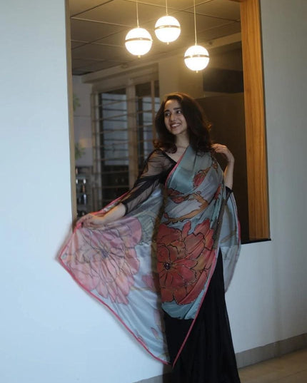 Black Rangoli Silk Saree with Kalamkari Printed With Running Black Blouse| Elegant Party Wear Saree - Rosepetals Luxe