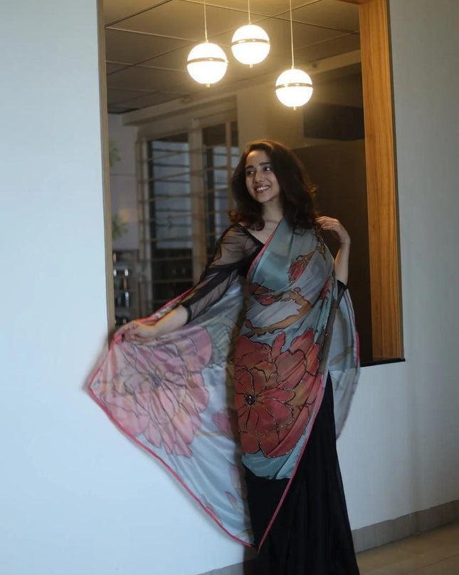 Black Rangoli Silk Saree with Kalamkari Printed With Running Black Blouse| Elegant Party Wear Saree - Rosepetals Luxe