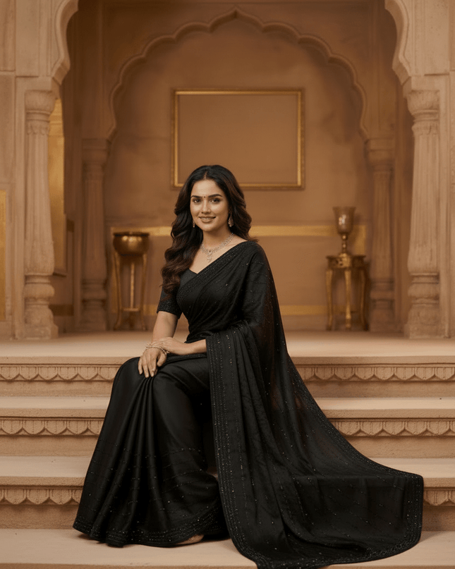 Black Satin Soft Silk Saree | Handcrafted Diamond Work, Elegant Evening & Festive Wear - Rosepetals Luxe