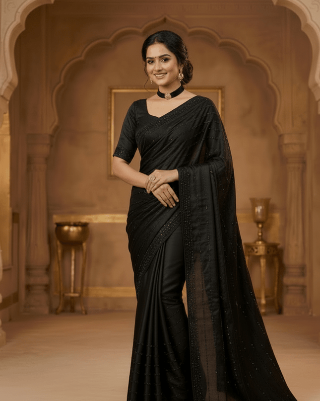 Black Satin Soft Silk Saree | Handcrafted Diamond Work, Elegant Evening & Festive Wear - Rosepetals Luxe