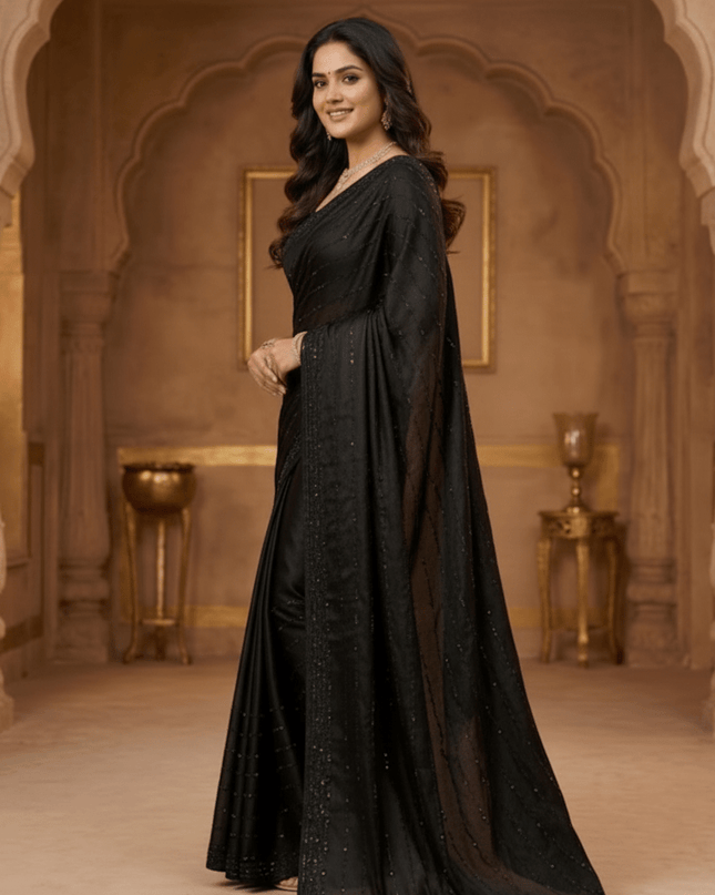 Black Satin Soft Silk Saree | Handcrafted Diamond Work, Elegant Evening & Festive Wear - Rosepetals Luxe