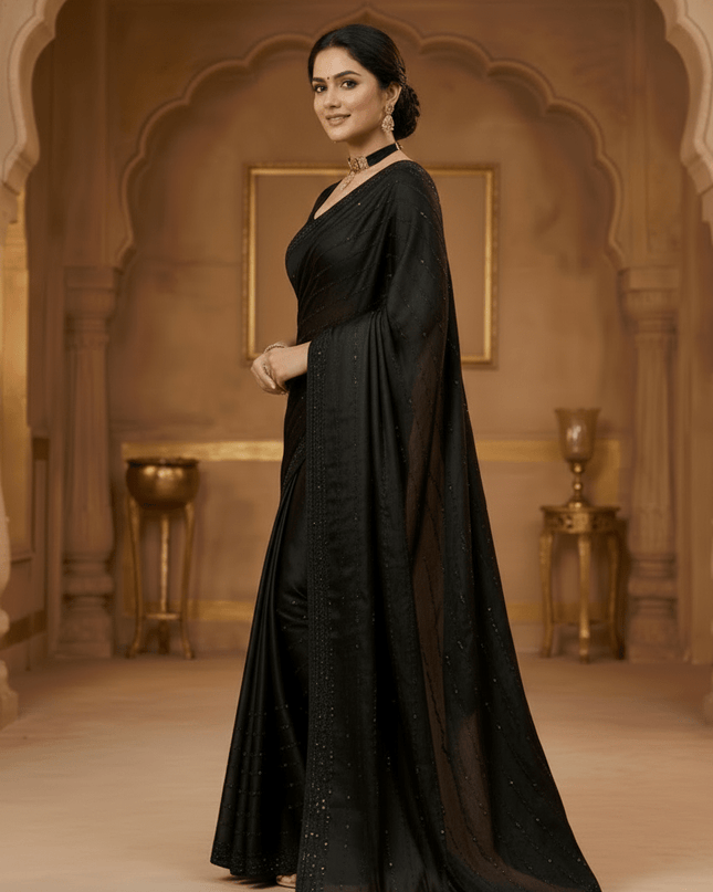 Black Satin Soft Silk Saree | Handcrafted Diamond Work, Elegant Evening & Festive Wear - Rosepetals Luxe