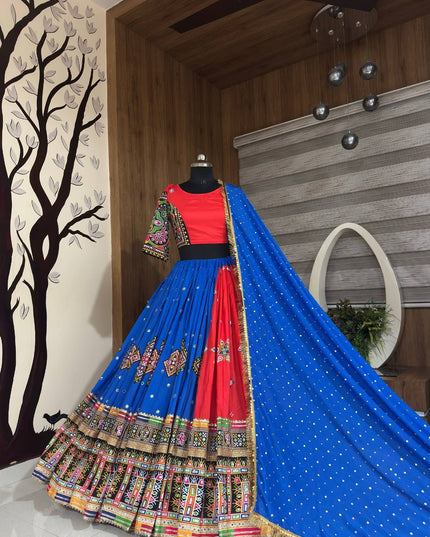 Blue & Red Muslin Cotton Navratri Lehenga Set - Rosepetals Luxe