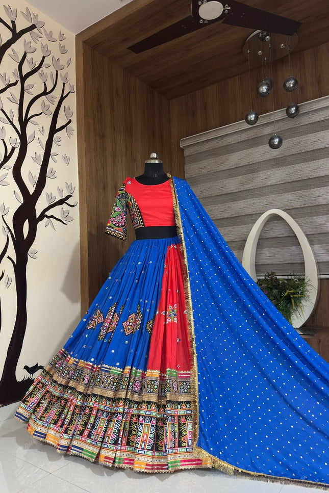 Blue & Red Muslin Cotton Navratri Lehenga Set - Rosepetals Luxe