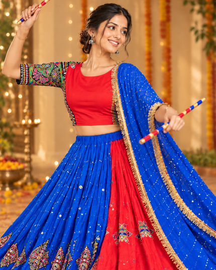 Blue & Red Muslin Cotton Navratri Lehenga Set - Rosepetals Luxe