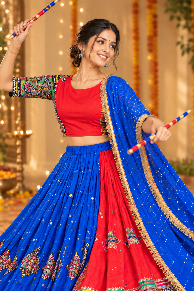 Blue & Red Muslin Cotton Navratri Lehenga Set - Rosepetals Luxe