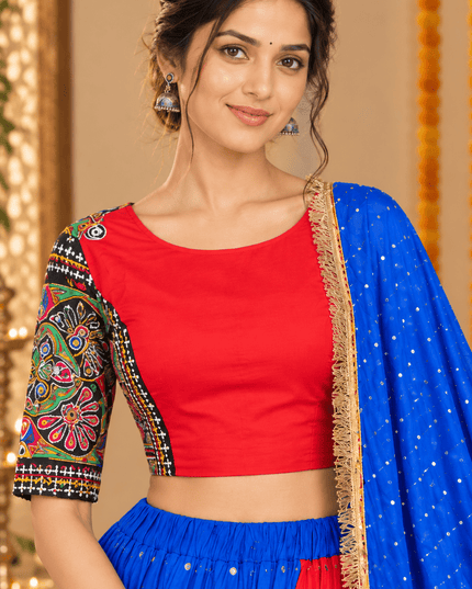 Blue & Red Muslin Cotton Navratri Lehenga Set - Rosepetals Luxe