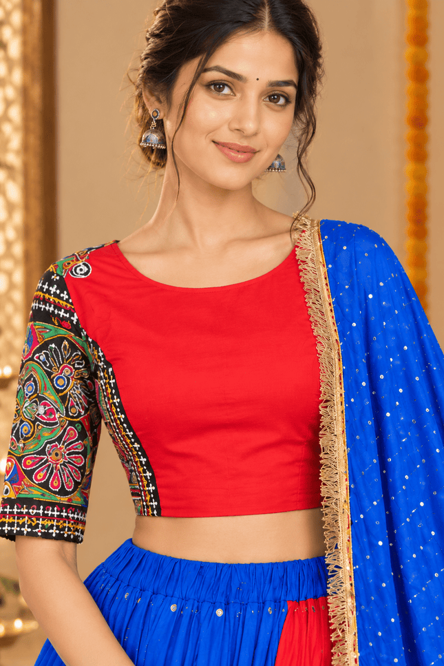 Blue & Red Muslin Cotton Navratri Lehenga Set - Rosepetals Luxe
