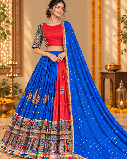 Blue & Red Muslin Cotton Navratri Lehenga Set - Rosepetals Luxe