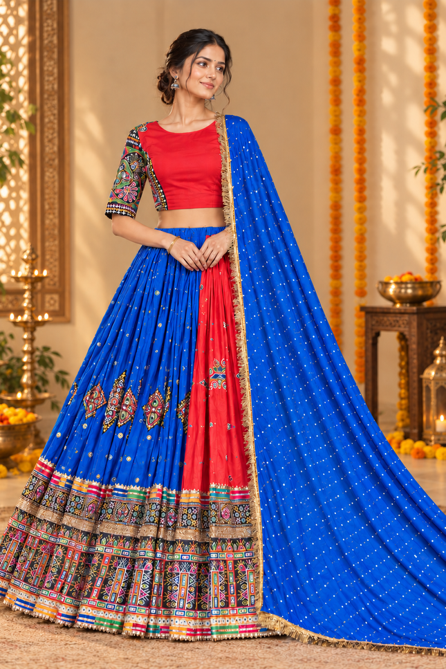 Blue & Red Muslin Cotton Navratri Lehenga Set - Rosepetals Luxe