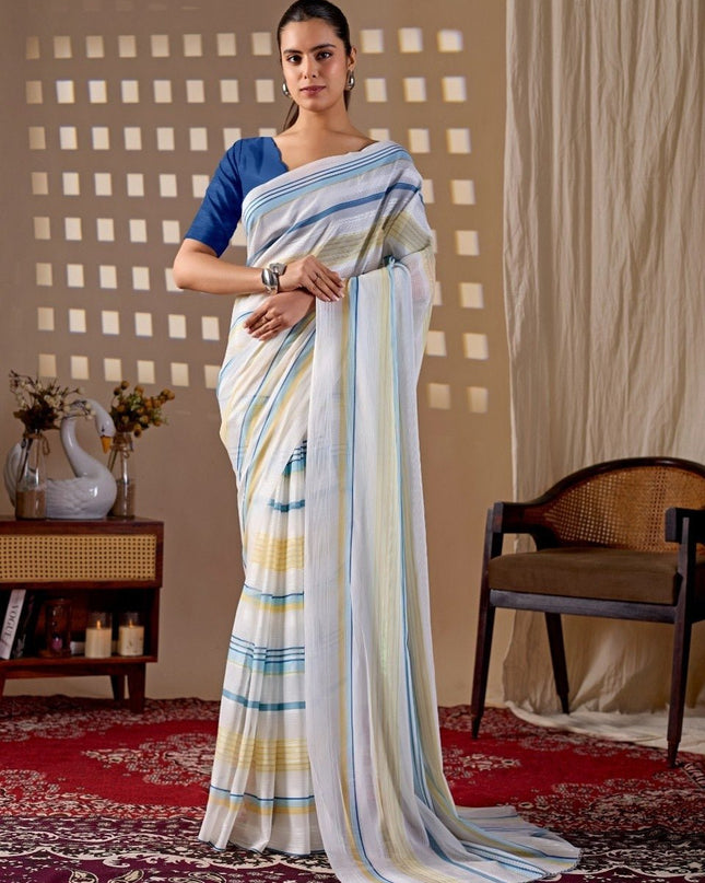 Blue & Yellow Stripe Monsoon Saree | Daily Wear - Rosepetals Luxe