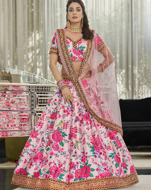 Blush Pink Floral Printed Lehenga with Designer Blouse & Net Dupatta - Rosepetals Luxe