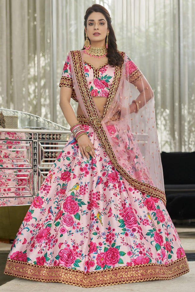 Blush Pink Floral Printed Lehenga with Designer Blouse & Net Dupatta - Rosepetals Luxe