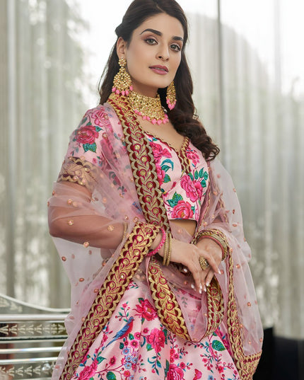Blush Pink Floral Printed Lehenga with Designer Blouse & Net Dupatta - Rosepetals Luxe