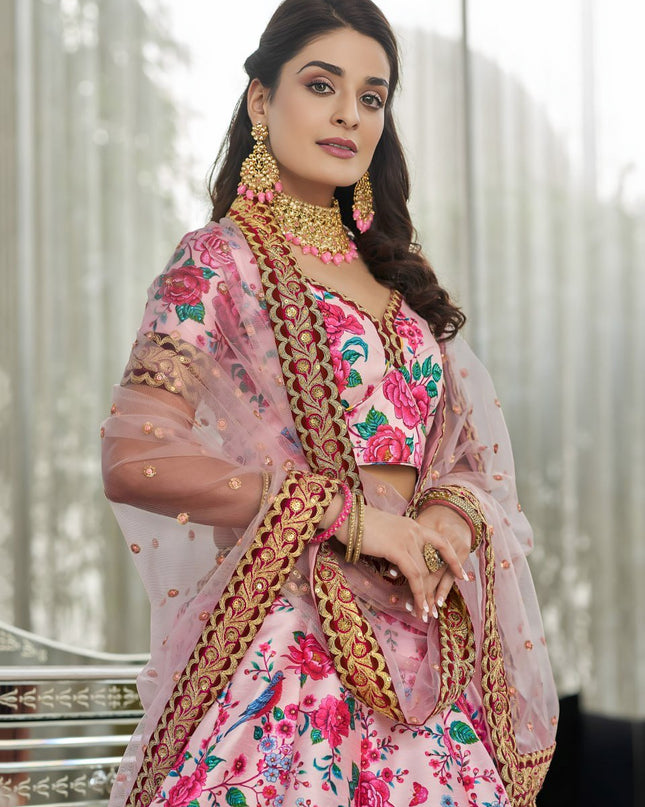 Blush Pink Floral Printed Lehenga with Designer Blouse & Net Dupatta - Rosepetals Luxe