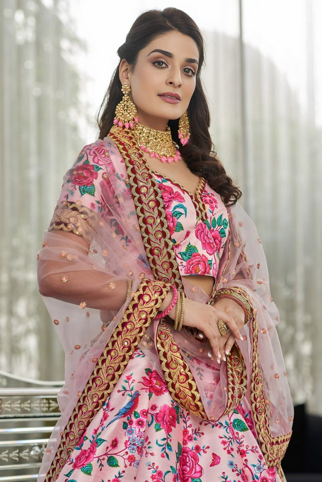 Blush Pink Floral Printed Lehenga with Designer Blouse & Net Dupatta - Rosepetals Luxe