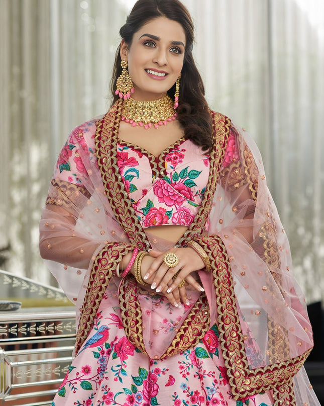 Blush Pink Floral Printed Lehenga with Designer Blouse & Net Dupatta - Rosepetals Luxe