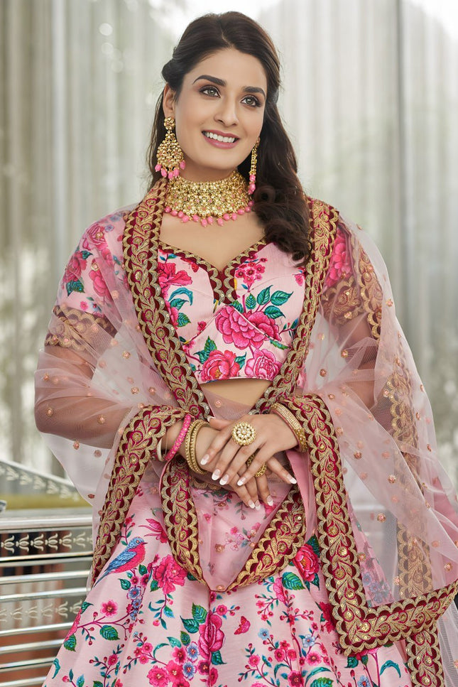 Blush Pink Floral Printed Lehenga with Designer Blouse & Net Dupatta - Rosepetals Luxe