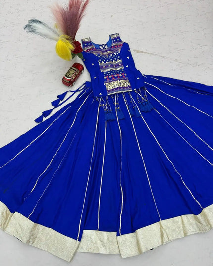Navratri Girls Pure Cotton Mirror Work Lehenga Choli Set with Ribbon and Lampi Border