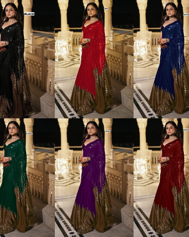Bollywood Blockbuster Dual‑Sequins Georgette Saree |Luxurious Ethnic Saree - Rosepetals Luxe