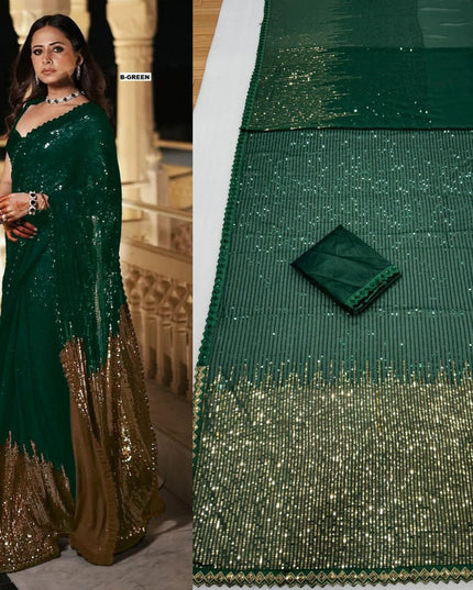 Bollywood Blockbuster Dual‑Sequins Georgette Saree |Luxurious Ethnic Saree - Rosepetals Luxe
