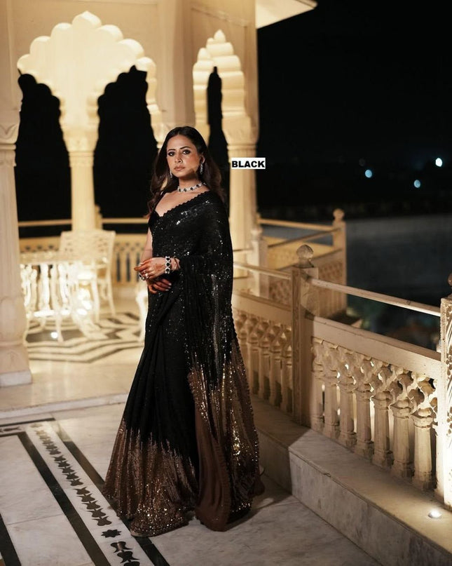 Bollywood Blockbuster Dual‑Sequins Georgette Saree |Luxurious Ethnic Saree - Rosepetals Luxe