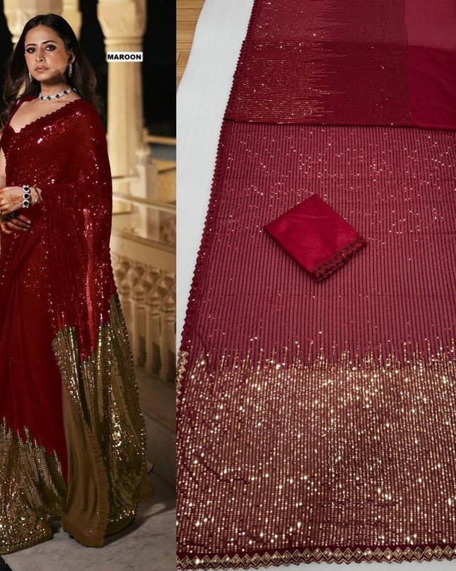 Bollywood Blockbuster Dual‑Sequins Georgette Saree |Luxurious Ethnic Saree - Rosepetals Luxe