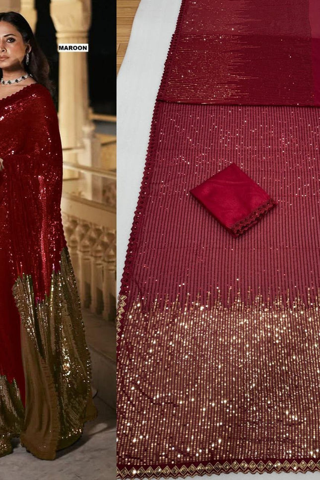 Bollywood Blockbuster Dual‑Sequins Georgette Saree |Luxurious Ethnic Saree - Rosepetals Luxe