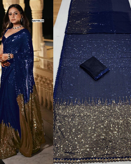 Bollywood Blockbuster Dual‑Sequins Georgette Saree |Luxurious Ethnic Saree - Rosepetals Luxe