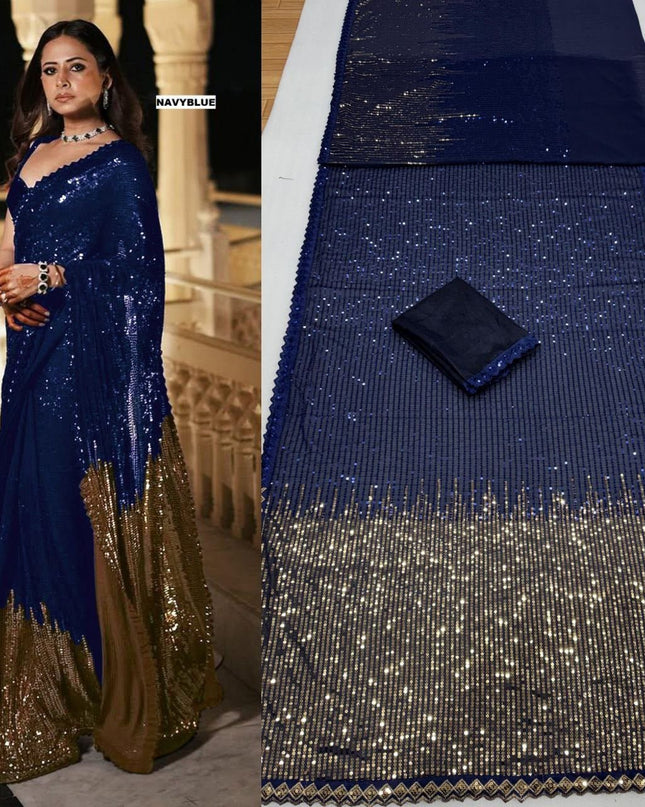 Bollywood Blockbuster Dual‑Sequins Georgette Saree |Luxurious Ethnic Saree - Rosepetals Luxe