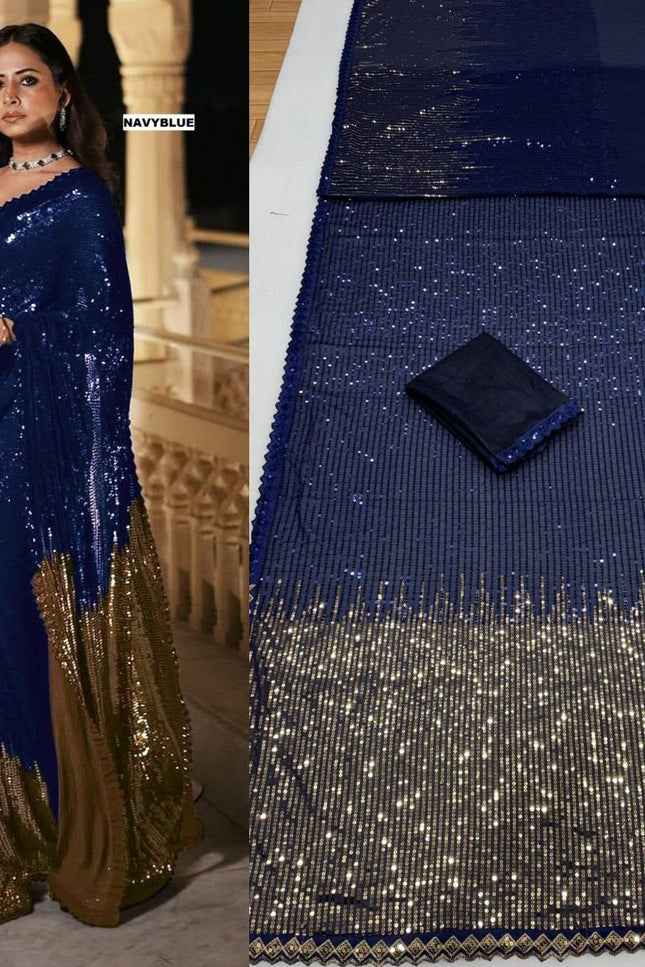 Bollywood Blockbuster Dual‑Sequins Georgette Saree |Luxurious Ethnic Saree - Rosepetals Luxe
