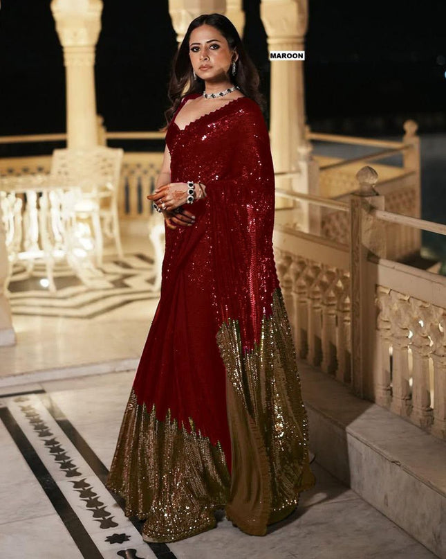 Bollywood Blockbuster Dual‑Sequins Georgette Saree |Luxurious Ethnic Saree - Rosepetals Luxe