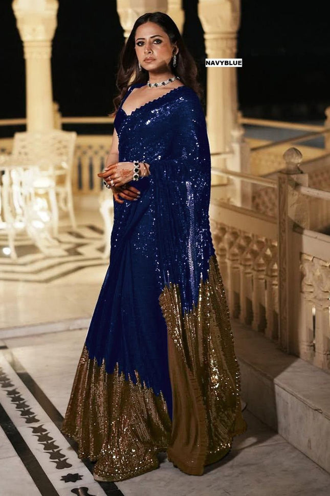 Bollywood Blockbuster Dual‑Sequins Georgette Saree |Luxurious Ethnic Saree - Rosepetals Luxe