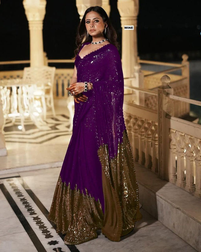 Bollywood Blockbuster Dual‑Sequins Georgette Saree |Luxurious Ethnic Saree - Rosepetals Luxe