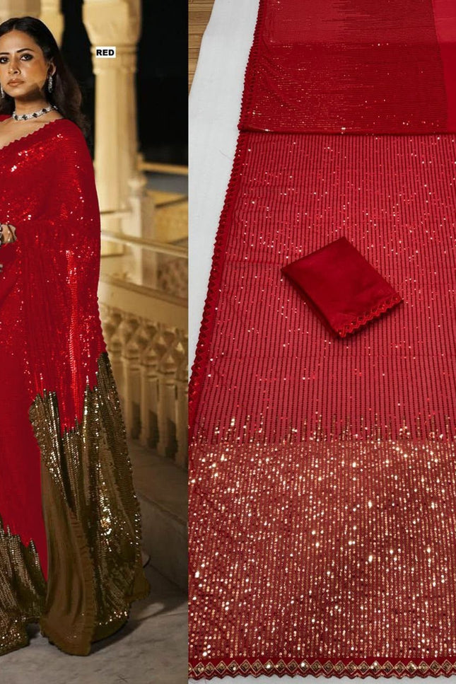 Bollywood Blockbuster Dual‑Sequins Georgette Saree |Luxurious Ethnic Saree - Rosepetals Luxe