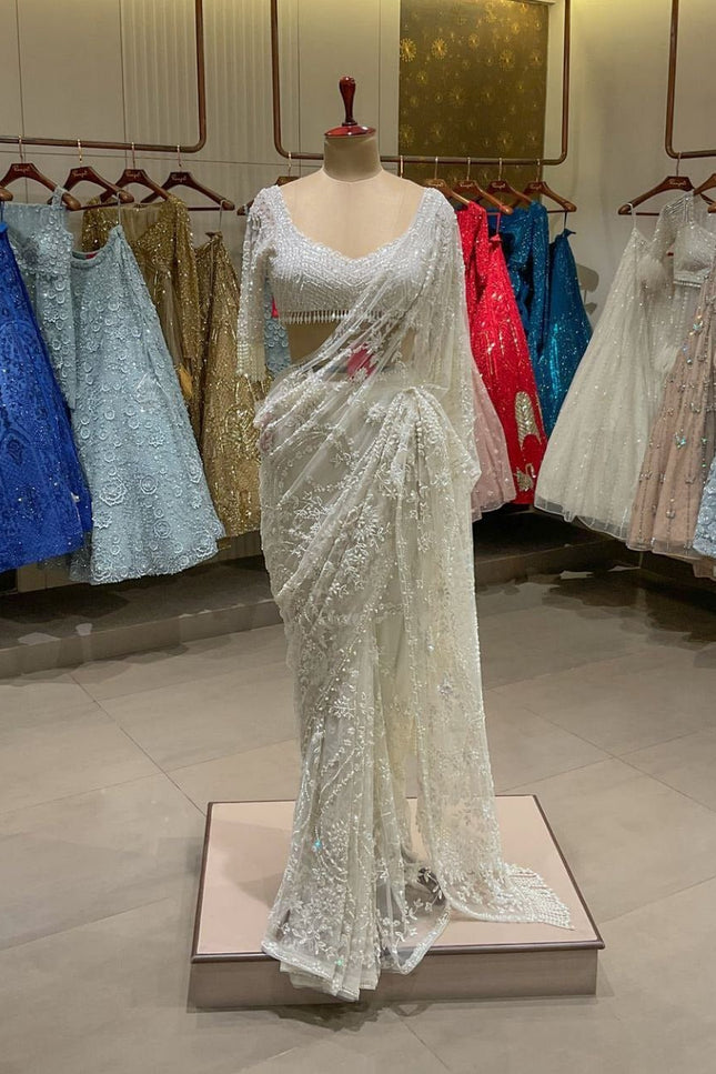 Bollywood Net Saree with 5MM Sequins Embroidery | Perfect For Weddings & Parties - Rosepetals Luxe