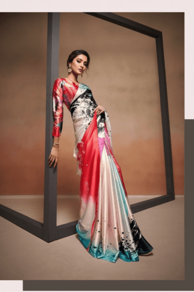 Bollywood Satin Crepe Silk Saree with Mirror Work - Rosepetals Luxe