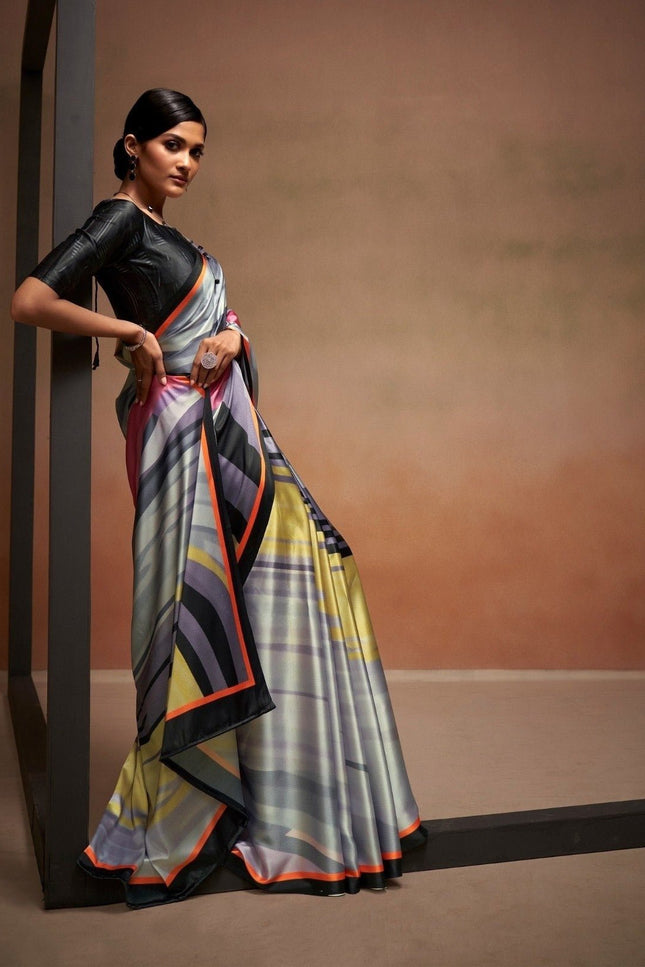 Bollywood Satin Crepe Silk Saree with Mirror Work - Rosepetals Luxe