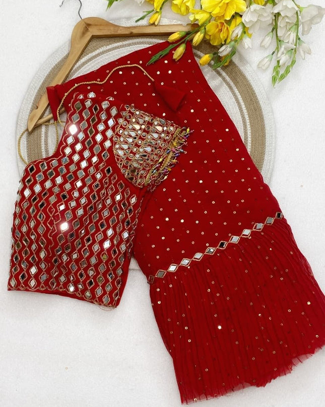 Bollywood Sequins Crush Pleated Faux Georgette Red Saree with Embroidered Blouse - Rosepetals Luxe