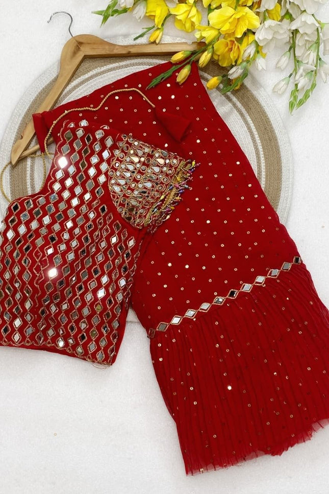 Bollywood Sequins Crush Pleated Faux Georgette Red Saree with Embroidered Blouse - Rosepetals Luxe
