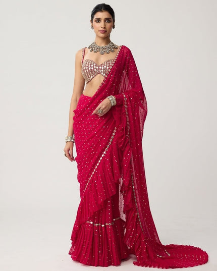 Bollywood Sequins Crush Pleated Faux Georgette Red Saree with Embroidered Blouse - Rosepetals Luxe